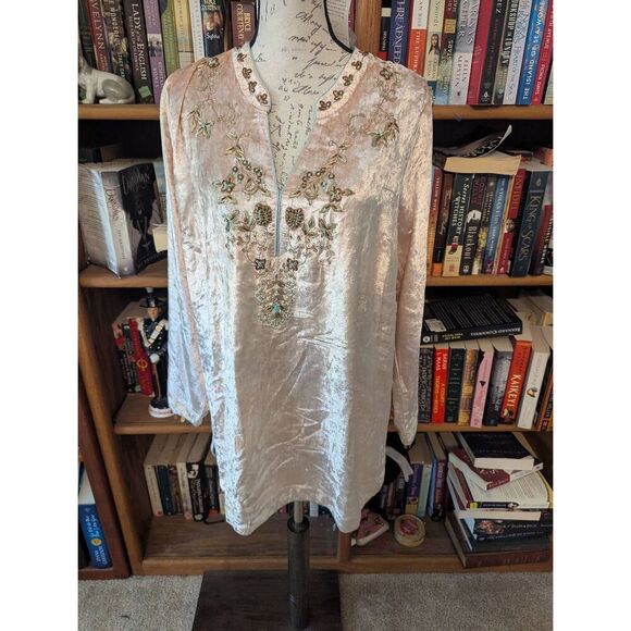 Soft Surroundings Velvet Moroccan Boho Beaded Embellished Blouse Women's L NEW